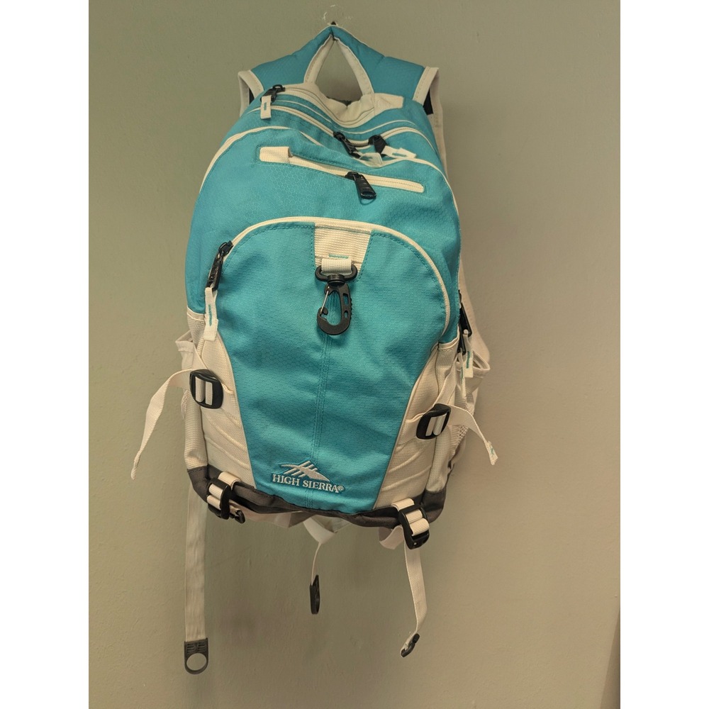 High Sierra Backpack Turquoise White Hiking Hydration Daypack Multi Pocket
